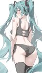  1girl absurdres aqua_eyes aqua_hair arm_behind_back ass back black_panties black_sports_bra black_thighhighs blush breasts commentary from_behind hair_between_eyes hand_on_own_arm hatsune_miku highres long_hair looking_at_viewer looking_back number_tattoo open_mouth panties scarlet_(wv0102) shoulder_tattoo side-tie_panties simple_background sports_bra standing symbol-only_commentary tattoo thighhighs twintails underwear very_long_hair vocaloid white_background 