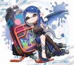  1girl ;q anklet bare_shoulders blue_dress blue_eyes blue_hair blue_shoes blue_tail blue_wings bodystocking breasts cleavage closed_mouth commentary demon_girl demon_tail demon_wings dress full_body hair_ornament heart heart_in_eye highres hydra_splatling_(splatoon) inkling inkling_girl inkling_player_character jewelry large_breasts long_hair mole mole_under_eye one_eye_closed parted_bangs pointy_ears puchiman shoes solo splatoon_(series) star_(symbol) star_hair_ornament strapless strapless_dress symbol-only_commentary symbol_in_eye tail tentacle_hair tongue tongue_out wings 