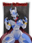 accessory anthro cape clothing emmet_twunks emmettwo fangs featureless_crotch generation_1_pokemon halloween hi_res holidays jewelry legendary_pokemon male mewtwo nintendo pokemon pokemon_(species) smile smiling_at_viewer solo teeth