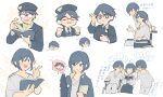  2boys 2girls :d adjusting_eyewear blue_hair blue_hat blue_jacket book brother_and_sister chibi chibi_inset clenched_hands closed_eyes closed_mouth commentary_request excited fukurai_azami glasses hair_between_eyes hand_on_eyewear hands_up hat highres holding holding_book jacket kisaragi_ayumi kisaragi_tsutomu long_sleeves looking_at_another meguriya_ayumu multiple_boys multiple_expressions multiple_girls multiple_views opaque_glasses open_book open_mouth pants red-framed_eyewear shirt short_hair siblings simple_background smile spoilers toshi_densetsu_kaitai_center translation_request upper_body wheelchair white_background white_pants white_shirt xinhao 