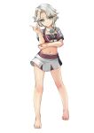  1girl absurdres akishimo_(kancolle) aqua-framed_eyewear aqua_bow aqua_bowtie asymmetrical_hair bad_source bandeau barefoot bow bowtie braid brown_hair clothes_writing commentary_request cowboy_shot cropped_jacket detached_collar gradient_hair grey_eyes grey_hair hair_ornament hair_ribbon hand_on_own_elbow highres index_finger_raised jacket kantai_collection leaf_hair_ornament looking_at_viewer midriff multicolored_hair navel pleated_skirt purple_bandeau race_queen ribbon short_hair short_hair_with_long_locks simple_background skirt solo standing white_background white_jacket white_ribbon white_skirt yashin_(yasinz) 