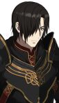  1boy armor black_armor breastplate closed_mouth commentary_request curtained_hair grey_eyes hair_behind_ear hair_over_one_eye highres knight korean_commentary looking_ahead mabinogi male_focus one_eye_covered pauldrons ray_(lthenray) shoulder_armor simple_background solo upper_body vayne_(mabinogi) white_background 