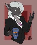 anthro beverage big_breasts breasts colored_nails ear_piercing electronics female fish hi_res insane_lizard_vel lipstick looking_at_object makeup marine nails office_clothing office_lady phone piercing samantha_sharkie shark solo working