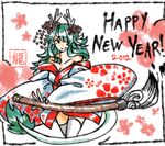  2012 breasts calligraphy_brush cleavage dragon_girl dragon_tail flower green_hair hair_flower hair_ornament hair_over_one_eye happy_new_year horns japanese_clothes kimono kyuubiness long_hair medium_breasts monster_girl new_year off_shoulder original paintbrush solo tail thighhighs white_legwear 