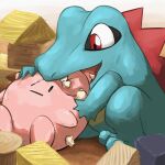 2025 3_toes 5_fingers absurd_res ambiguous_feral ambiguous_gender bite blue_body blue_scales clefairy crocodilian daww fangs feet feral fingers generation_1_pokemon generation_2_pokemon hi_res multicolored_body multicolored_scales nintendo open_mouth pink_tongue plush_stuffing plushie poke_doll pokemon pokemon_(species) pupils red_eyes reptile scales scalie shaded snout solo spicyichizo teeth toes tongue totodile toy_block two_tone_body two_tone_scales yellow_body yellow_scales
