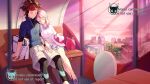  1boy 1girl ariekochan blue_jacket breasts brown_hair commission couple ferris_wheel hat head_on_another&#039;s_shoulder hetero highres jacket medium_breasts medium_hair nate_(pokemon) pink_hair pokemon pokemon_bw2 red_hat shirt shorts sitting skirt visor_cap white_hat white_shirt white_shorts yancy_(pokemon) 
