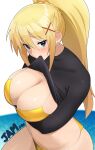  1girl arm_under_breasts artist_name bikini black_shirt blonde_hair blue_eyes breasts cleavage clothes_lift darkness_(konosuba) high_ponytail highres jampen kono_subarashii_sekai_ni_shukufuku_wo! large_breasts ponytail shirt shirt_lift solo swimsuit yellow_bikini 