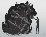 2025 anthro artist_logo bodily_fluids bound canid canine canis chain chained cheek_tuft claws collar dated duo eyes_closed facial_tuft fluffy fluffy_tail fur gradient_background grey_body grey_fur hand_on_nose hi_res human logo long_ears male male/male mammal metal_collar monochrome paws simple_background sitting size_difference standing tail tears tuft wolf wolfarion