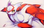  025aki absurdres dated dragon eyelashes hand_on_own_face highres latias looking_at_viewer lying no_humans on_stomach pokemon pokemon_(creature) red_wings signature wings yellow_eyes 