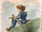  1girl absurdres animal_on_leg belt blue_dress boots brown_boots brown_hair closed_mouth commentary_request crossed_arms dress earrings elbow_rest from_side full_body geki_carp highres hill hooded_dress jewelry kaze_no_tani_no_nausicaa knees_up nausicaa on_grass outdoors pants profile scabbard sheath shin_guards short_hair sitting sky traditional_media white_pants 