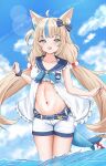  1girl absurdres ahoge animal_ear_fluff animal_ears bikini blonde_hair blue_bikini blue_eyes blue_hair blue_sky blush breasts cat_ears cloud commentary dress fins fish_girl fish_tail highres indie_virtual_youtuber long_hair low_twintails multicolored_hair navel one_side_up open_mouth sameko_saba short_shorts shorts sky sleeveless sleeveless_dress small_breasts solo streaked_hair swimsuit symbol-only_commentary tail twintails varo_006 very_long_hair virtual_youtuber water white_dress white_shorts 