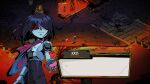  ... 1other :| androgynous armor blue_hair blue_skin breastplate cape character_name closed_mouth colored_skin cowboy_shot deltarune dialogue_box fake_screenshot gauntlets hades_(series) hades_1 heart highres kris_(dark_world)_(deltarune) kris_(deltarune) lava looking_at_viewer one_eye_covered other_focus pink_cape red_eyes shaded_face short_hair solo_focus standing supsross zagreus_(hades) 