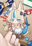  ! 1girl 1other absurdres ahoge animal animal_ear_fluff animal_ears anklet bare_arms biting biting_another&#039;s_finger biting_finger blonde_hair blue_bow blue_eyes blue_streaks blue_tail blush book bow cat_ears closed_mouth crab desk dress fins fish_tail hair_bow hair_ornament highres hikimayu indie_virtual_youtuber jewelry leg_lock lifebuoy_hair_ornament lifted_by_tail long_hair low_twintails mini_person minigirl mucheng multicolored_hair on_desk one_side_up pov pov_hands sameko_saba sandals seashell shark_tail shell short_dress short_eyebrows shout_lines size_difference sleeveless sleeveless_dress standing standing_on_one_leg streaked_hair tail tail_raised thigh_strap twintails unworn_bow unworn_hair_bow unworn_hair_ornament virtual_youtuber white_dress yurie_mouth 