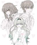  1boy 2girls black_hairband blush bow bowtie buttons caelus_(honkai:_star_rail) double-breasted firefly_(honkai:_star_rail) firefly_(spring_missive)_(honkai:_star_rail) gradient_hair green_pupils hair_ornament hair_over_eyes hair_ribbon hairband hand_on_own_face highres honkai:_star_rail honkai_(series) multicolored_eyes multicolored_hair multiple_girls open_mouth pleated_skirt ribbon simple_background skirt smile stelle_(honkai:_star_rail) trailblazer_(honkai:_star_rail) trash_can two-tone_eyes white_background yellow_eyes yoursansface 