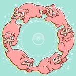  animal_focus aqua_background biting_another&#039;s_tail circle_formation closed_eyes closed_mouth commentary_request fangs half-closed_eyes mochi_(swallow-luff) no_humans nostrils open_mouth outline poke_ball_symbol pokemon pokemon_(creature) pokemon_focus slowpoke smile tail 