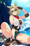  1girl absurdres ahoge animal_ears black-framed_eyewear black_gloves blonde_hair blue_sky breasts cloud day glasses gloves green_eyes green_shorts highres horse_ears horse_girl horse_tail large_breasts ocean open_mouth reibun_(raven1119) shirt short_hair shorts sky squatting tail tied_shirt tucker_bryne_(umamusume) umamusume white_shirt 