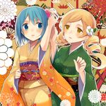  alternate_costume blonde_hair blue_eyes blue_hair drill_hair fan floral_print flower folding_fan hair_flower hair_ornament japanese_clothes jing_hu kimono mahou_shoujo_madoka_magica miki_sayaka multiple_girls obi sash sayagata seigaiha shippou_(pattern) short_hair tomoe_mami twin_drills twintails yellow_eyes 