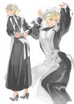  1boy adjusting_apron alternate_costume apron arms_up artist_name back_cutout blue_eyes char_aznable clothing_cutout collar commentary crossdressing english_commentary enmaided frills gundam gundam_gquuuuuux high_heels highres long_sleeves looking_back maid maid_apron maid_headdress male_focus mixed-language_commentary nomaumona seductive_smile simple_background smile solo twitter_username white_apron white_background 