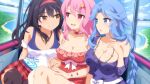  3girls ahoge black_hair blue_eyes blue_hair curtained_hair detached_sleeves game_cg gloves hairband jewelry lilim_(sakura_cupid) mitsuki_(sakura_cupid) multiple_girls necklace official_art pink_eyes pink_gloves pink_hair red_hairband sakura_cupid serra_(sakura_cupid) smile thighhighs wanaca yellow_eyes 