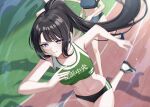  3girls bare_arms bare_shoulders black_buruma black_hair blush breasts buruma collarbone crop_top day green_sports_bra high_ponytail highres kurousagi_yuu long_hair looking_at_viewer midriff mole mole_under_eye multiple_girls navel original outdoors ponytail purple_eyes running second-party_source sidelocks sleeveless small_breasts smile solo solo_focus sports_bikini sports_bra stomach sweat thighs track_and_field very_long_hair 