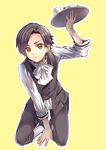  alternate_costume bad_id bad_pixiv_id black_hair brown_eyes formal full_body jude_mathis kneeling male_focus mikou_(monpamanpe) necktie pants shoes simple_background solo sweat tales_of_(series) tales_of_xillia tray waiter yellow_background 