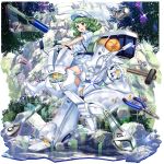  1girl alternate_color boots camouflage camouflage_headwear camouflage_shirt camouflage_skirt collared_shirt flat_cap game_cg green_eyes green_hair hammer hat highres key long_hair looking_at_viewer machinery multicolored_shirt multicolored_skirt official_art open_mouth outdoors pliers rotte_(1109) screw screwdriver seatbelt shirt sitting skirt skirt_pocket smile solo sparkle steering_wheel third-party_source touhou touhou_lostword transparent_background vehicle_request white_boots white_hat white_shirt white_skirt wrench yamashiro_takane 