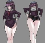  1girl ass braid buruma clothes_lift danganronpa:_trigger_happy_havoc danganronpa_(series) fukawa_toko glasses grey_background highres holding jimiko lifting_own_clothes long_hair long_sleeves mole mole_under_mouth neckerchief red_neckerchief round_eyewear sailor_collar school_uniform serafuku shirt skirt skirt_lift thighs trizzz twin_braids 