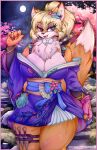 absurd_res accessory akai_hime_(wild_assault) alternate_costume alternate_hairstyle alternative_fashion anthro artist_name asian_clothing athletic athletic_anthro athletic_female bare_shoulders big_breasts bottomwear breasts buxom canid canine canvy_(artist) cherry_blossom cherry_blossom_tree cherry_tree cleavage clothed clothed_anthro clothed_female clothing collar colored_eyelashes colored_nails combat_cat_studio east_asian_clothing female fingerless_gloves flower flower_in_hair fox fruit_tree full_moon fullmoon gloves hair hair_accessory handwear heterochromia hi_res japanese_clothing japanese_sword kunai light looking_at_viewer mammal melee_weapon miniskirt moon moonlight nails neck_bow night open_mouth open_smile outside plant prunus_(flower) sheathed_sword skirt sky smile smiling_at_viewer solo star starry_sky sword sword_on_back text thick_thighs tree weapon wild_assault