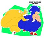 2024 2_tails anthro belly big_belly big_butt black_nose blue_body blue_ears blue_eyes blue_hair butt canid canine clothing colored dialogue digital_media_(artwork) dipstick_tail duo english_text eulipotyphlan flat_colors footwear fox gloves green_background green_eyes hair hand_on_hip hand_on_own_hip handwear heart_symbol hedgehog hi_res huge_butt huge_thighs hyper hyper_butt hyper_thighs male male/male mammal markings miles_prower moobs multi_tail multicolored_body obese obese_anthro obese_male open_mouth open_smile orange_body orange_ears orange_hair orange_tail overweight overweight_anthro overweight_male paceplusle pink_mouth red_clothing red_footwear red_shoes red_tongue sega shoes side_view simple_background smile sonic_the_hedgehog sonic_the_hedgehog_(series) tail tail_markings tan_body tan_inner_ear tape_measure text thick_thighs tongue two_tone_body white_background white_clothing white_gloves white_handwear white_inner_ear white_tail_tip