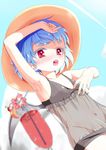  arm_up armpits bare_shoulders bat_wings bikini blue_hair child cocktail colored_eyelashes day face flat_chest glass groin hands hat highres murakami4949 navel no_panties outdoors red_eyes remilia_scarlet see-through short_hair solo straw_hat swimsuit touhou wings 