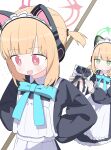  2girls absurdres animal_ear_headphones animal_ears apron aqua_bow aqua_bowtie arms_behind_back blonde_hair blue_archive blue_bow blue_bowtie blush bow bowtie broom cat_ear_headphones closed_mouth fake_animal_ears green_eyes green_halo halo headphones highres holding holding_broom holding_mirror maid maid_apron maid_headdress midori_(blue_archive) midori_(maid)_(blue_archive) mirror momoi_(blue_archive) momoi_(maid)_(blue_archive) multiple_girls nintendo_switch open_mouth panties pink_eyes pink_halo short_twintails standing sweat sweatdrop twintails underwear white_background yamadanchi 