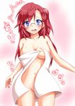  ano_natsu_de_matteru areolae bad_id bad_pixiv_id blue_eyes cowboy_shot glasses highres long_hair naked_towel navel red_hair solo takatsuki_ichika towel wardrobe_malfunction yopparai_oni 