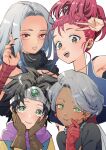  4girls :d ajpp6 arm_wrap black_hair black_nails black_scarf black_shirt blue_vest brown_gloves circlet clenched_teeth commentary_request dark-skinned_female dark_skin dragon_quest dragon_quest_iii earrings fingernails fur_scarf gem gloves green_eyes green_gemstone grey_hair hands_on_own_cheeks hands_on_own_face heart heart_hands heroine_(dq3) high_ponytail highres jewelry long_fingernails long_hair looking_at_viewer looking_down merchant_(dq3) monster_wrangler_(dq3) multiple_girls necklace open_mouth parted_hair pearl_necklace pink_hair ponytail purple_scarf red_eyes red_gloves roto_(dq3) scarf sharp_fingernails shirt short_hair silver_circlet smile sphere_earrings stud_earrings teeth thief_(dq3) upper_body v vest white_background white_hair white_trim yellow_sleeves 