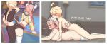  1boy 1girl absurdres aether_(genshin_impact) ahoge animal_ears aqua_hair belt blonde_hair border boy_on_top braid breasts brown_shorts bulge commentary cow_ears cow_girl cow_horns cow_tail crop_top detached_sleeves ear_bell english_text erection erection_under_clothes genshin_impact hetero highres horns large_breasts long_hair lying midriff multicolored_hair multiple_views nude on_stomach pink_belt pink_hair pink_tail plap prone_bone purple_eyes sex short_shorts shorts single_braid streaked_hair tail tail_around_another&#039;s_waist thighhighs twin_braids valenthania varesa_(genshin_impact) white_border white_horns white_thighhighs yellow_sleeves 