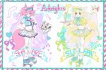  2girls :d animal_ear_fluff animal_ears arknights blonde_hair braid brown_eyes character_name closed_mouth fox_ears fox_girl fox_tail full_body green_eyes halo heart highres holding holding_plate kawaiiyagi kitsune knife kyuubi loose_socks midriff miniskirt morte_(arknights) multiple_girls multiple_tails navel one_eye_closed open_mouth plate puffy_short_sleeves puffy_sleeves purple_halo roller_skates shamare_(arknights) short_hair short_sleeves skates sketch skirt smile socks suzuran_(arknights) tail twin_braids visor_cap 
