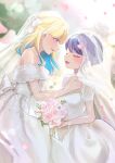  2girls absurdres blonde_hair blue_hair bouquet bridal_veil closed_eyes colored_inner_hair commentary_request dress falling_petals flower highres holding holding_bouquet multicolored_hair multiple_girls open_mouth original outdoors petals pink_flower pink_rose purple_eyes purple_hair rose smile veil wedding_dress wei_yong white_dress wife_and_wife yuri 