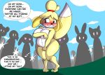 absurd_res animal_crossing anthro birbpan blush breasts canid canine covering covering_self crowd embarrassed exhibitionism female group hi_res isabelle_(animal_crossing) mammal nintendo nude outside public public_exposure public_nudity raised_tail sheepish_grin slightly_chubby speech_bubble tail
