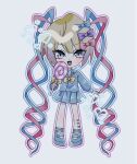  1girl :d blonde_hair blue_eyes blue_hair blue_serafuku bow candy chest_bow chibi chibi_only chouzetsusaikawa_tenshi-chan colored_tips food full_body gradient_outline hair_bow heart holding holding_candy holding_food holding_lollipop lollipop looking_at_viewer multicolored_hair multiple_hair_bows needy_girl_overdose outstretched_arm pink_hair platform_shoes quad_tails reno_(re_leno) school_uniform serafuku smile 
