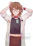  1girl absurdres adjusting_hair alternate_costume arm_up artist_name black_shirt bracelet brown_hair brown_pants choker coat facing_viewer glasses highres id_card jewelry looking_to_the_side midriff navel open_clothes open_coat orange_eyes pants ratanan red_choker regulus_(reverse:1999) reverse:1999 shirt short_hair sleeves_rolled_up solo triangle_mouth upper_body water white_background white_coat 