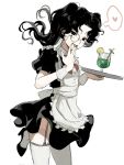  1girl amon_(lord_of_the_mysteries) apron black_dress black_eyes black_hair blush breasts cup dress frilled_apron frilled_dress frills garter_straps genderswap genderswap_(mtf) green_nails green_panties heart highres holding holding_tray kikinotamai long_hair looking_at_viewer lord_of_the_mysteries maid maid_apron monocle open_mouth panties parted_bangs puffy_short_sleeves puffy_sleeves short_sleeves simple_background smile solo spoken_heart thighhighs tray twintails underwear white_apron white_background wrist_cuffs 