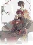  2boys black_vest brown_hair coat collared_shirt couch crossed_legs envelope formal_clothes gloves hair_between_eyes highres jacket long_sleeves male_focus multiple_boys open_clothes original qyzhiaiyisheng red_gloves red_hair red_ribbon ribbon shirt short_hair sitting smoke smoking string sweater_vest vest white_shirt yellow_eyes 