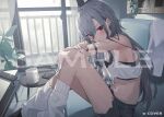  1girl bare_shoulders black_shorts breasts cellphone coffee_mug cup grey_hair grin hair_between_eyes hololive hololive_dev_is indoors isaki_riona knees_up long_hair looking_at_viewer mug navel official_art panda_0035 parted_lips phone red_eyes sample_watermark shorts sitting smartphone smile socks solo stomach very_long_hair virtual_youtuber watermark white_socks 