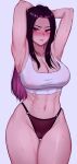  1girl abs absurdres armpits arms_up blush breasts cleavage closed_mouth collarbone covered_nipples dambaepiji_maseyo highleg highleg_panties highres joonibell large_breasts lipstick long_bangs long_hair looking_at_viewer makeup muscular muscular_female na_seyoung navel nose_blush panties parted_bangs pink_eyes pink_lips purple_hair solo standing sweat thighs underwear very_long_hair 
