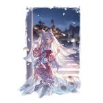 1girl animal_ears bare_shoulders braid bridal_veil dress erune fraux fraux_(formal)_(granblue_fantasy) granblue_fantasy grey_hair high_heels long_hair looking_at_viewer minaba_hideo official_art petals red_dress red_eyes smile solo stairs veil 
