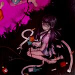  3girls apron bandaged_arm bandaged_leg bandages bandaid bandaid_on_leg blood blue_skirt bottle closed_mouth commentary_request corpse danganronpa_(series) danganronpa_2:_goodbye_despair eyelashes frown kneeling legendary_super_saiyan long_hair looking_at_viewer m-ace mioda_ibuki mole mole_under_eye multiple_girls noose pink_blood pink_shirt purple_eyes purple_hair rope saionji_hiyoko shirt shoelaces shoes skirt solo_focus spill spoilers super_saiyan surgical_scissors syringe tsumiki_mikan white_apron white_shoes 