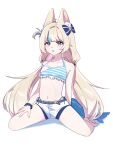  1girl ahoge animal_ear_fluff animal_ears bare_arms bikini blonde_hair blue_bikini blue_eyes blue_hair blue_nails bow cat_ears collarbone commentary fins fish_girl fish_tail full_body hair_bow hand_on_own_leg hashtag-only_commentary highleg highleg_bikini highres hoshiwo_tadoru indie_virtual_youtuber lifebuoy_hair_ornament long_hair looking_at_viewer low_twintails multicolored_hair nail_polish navel one_side_up open_mouth parted_lips sameko_saba scrunchie shadow short_shorts shorts simple_background sitting solo spread_legs streaked_hair striped_bikini striped_clothes swimsuit tail twintails very_long_hair virtual_youtuber white_background white_bikini white_shorts wrist_scrunchie 
