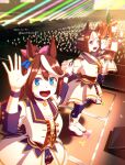  3girls blue_eyes blunt_bangs boots collarbone cropped_jacket crowd dated ear_covers garter_straps glowstick green_eyes holding holding_glowstick horse_girl long_hair multicolored_hair multiple_girls purple_eyes purple_thighhighs short_hair silence_suzuka_(umamusume) special_week_(umamusume) spotlight stage starting_future_(umamusume) streaked_hair takuzui thighhighs tokai_teio_(umamusume) umamusume white_boots 