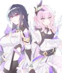  2girls black_shorts blue_hair breasts chinese_commentary clothing_cutout commentary_request corset cosplay costume_switch dress elf elysia_(honkai_impact) elysia_(honkai_impact)_(cosplay) elysia_(miss_pink_elf)_(honkai_impact) hair_ornament highres honkai_(series) honkai_impact_3rd large_breasts long_hair luosiqizi_laango multiple_girls pink_hair pointy_ears purple_eyes purple_hair raiden_mei raiden_mei_(apho) raiden_mei_(cosplay) shorts side_cutout simple_background smile very_long_hair white_background white_corset white_dress 