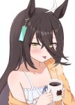  1girl ahoge animal_ears camisole coffee collarbone cup ear_tag earrings eyes_visible_through_hair gloves hair_between_eyes highres hojichabu holding holding_cup horse_ears jacket jewelry long_bangs long_hair long_hair_between_eyes looking_at_viewer manhattan_cafe_(umamusume) mug multicolored_hair off_shoulder open_clothes open_jacket parted_lips simple_background single_earring solo steam tongue tongue_out umamusume very_long_hair white_background white_camisole white_hair yellow_jacket 