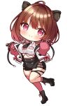  1girl ahoge animal_ear_piercing black_boots black_necktie black_shorts blush boots breasts brown_hair capybara_girl chibi chibi_only closed_mouth commentary_request earrings full_body highres jacket jewelry large_breasts looking_at_viewer nanashi_inc. necktie open_clothes open_jacket pink_eyes pink_socks shirt short_hair shorts simple_background sleeveless sleeveless_shirt smile socks solo transparent_background usaba_(usabara_c) virtual_youtuber white_jacket white_shirt yunohara_izumi 